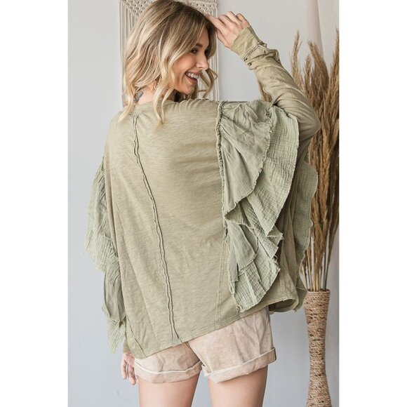 034 Oli & Hali Washed Ruffle Detail Dolan Sleeve Oversized NEW Sage Size Small - Picture 5 of 5
